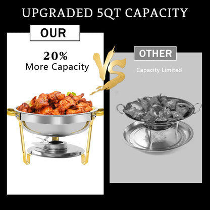 PRIJESSE 5 Qt Gold Chafing Dishes for Buffet with Stainless Steel Lid, Round Chafing Dish Buffet Set with Food and Water Pans for Catering, Parties, Hotels and Weddings, 4 Pack