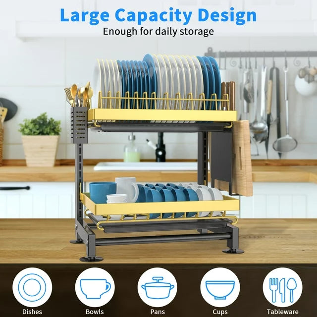 VAVSEA Dish Drying Rack for Kitchen Counter, 2 Tier Dish Rack, Rust-Proof Dish Drainer with Cutting Board & Utensil Holder, Stainless Steel, Black Gold