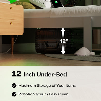 Zimtown Twin Wood Bed Frame with Charging Station, Lighted Platform Bed, White