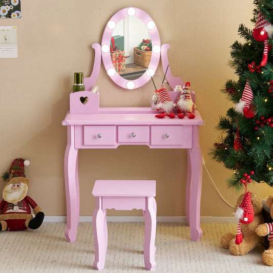 Ktaxon Kids Play Makeup Vanity Set with 3-Color Light, Girls Vanity Dresser Desk with Matching Stool, Purple