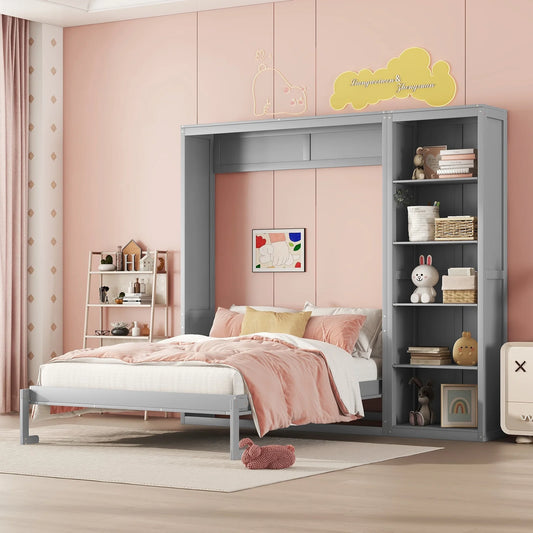 Churanty Full Size Modern Solid Wood Murphy Bed with Shelves, Gray