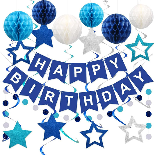 Blue Birthday Party Decorations for Men Women- Navy Blue Happy Birthday Banner with Honeycomb Balls, Star Hanging Swirl Streamer, Circle Dot Garland Decroations