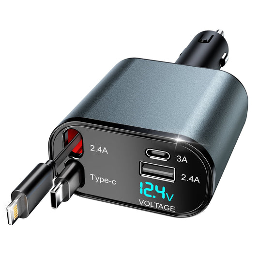 Retractable Car Charger,Super Fast USB Car iPhone Charger,Dual iPhone Retractable Cables (31.5 inch) and 2 USB Ports Car Charger Adapter for iPhone14/13/12/11 Pro Max/XS MAX/,iPad,Samsung