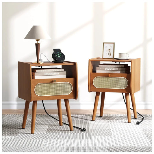 JOINICE Rattan Nightstands Set of 2, Beside Table with Charging Station,for Bedroom,Cherry