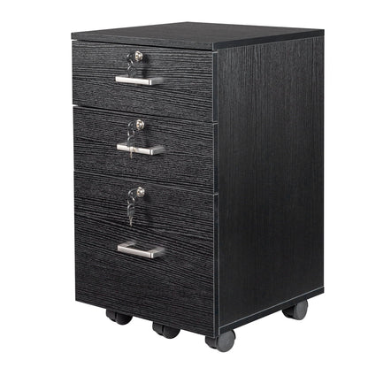 Ktaxon 3-Drawer Rolling Wood File Cabinet with Lock, Portable Vertical Mobile Wooden Storage Filing Cabinet for Home Office,Black