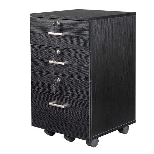 Ktaxon 3-Drawer Rolling Wood File Cabinet with Lock, Portable Vertical Mobile Wooden Storage Filing Cabinet for Home Office,Black
