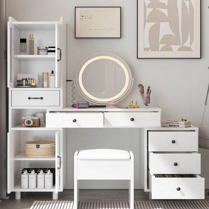 Ktaxon Makeup Vanity Set with USB Charging&3 Color Lighted Mirror, Large Makeup Vanity with Storage Cabinet and Drawers, Dressing Table for Girls, Women, Gold, White