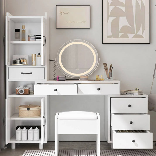 Ktaxon Makeup Vanity Set with USB Charging&3 Color Lighted Mirror, Large Makeup Vanity with Storage Cabinet and Drawers, Dressing Table for Girls, Women, Gold, White