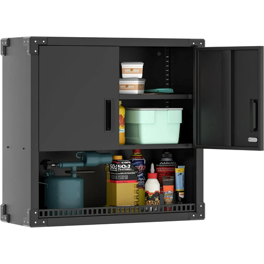 IKIMI Metal Wall Cabinet, Garage Hanging Cabinet with Doors and Shelf for Warehouse, Tool Room, Kitchen, Assembly Required(Black)