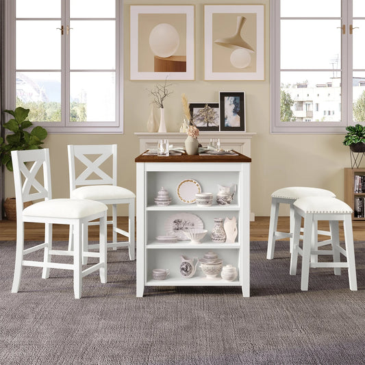 Churanty Counter Height Dining Table Set for 4,Wood Bar Table with Storage shelf and 2 stools & 2 Chairs for Small Places, White