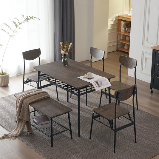 Ktaxon 6-Piece Dining Room Set Modern Kitchen Table Set with 4 Chairs and 1 Bench, Dining Table for 6 with Metal Frame Brown