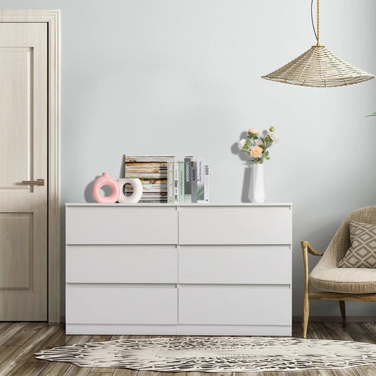 Ktaxon 6 Drawer Double Dresser, Wooden Chest, Modern Wide Storage File Cabinet Unit Nightstand for Bedroom, White
