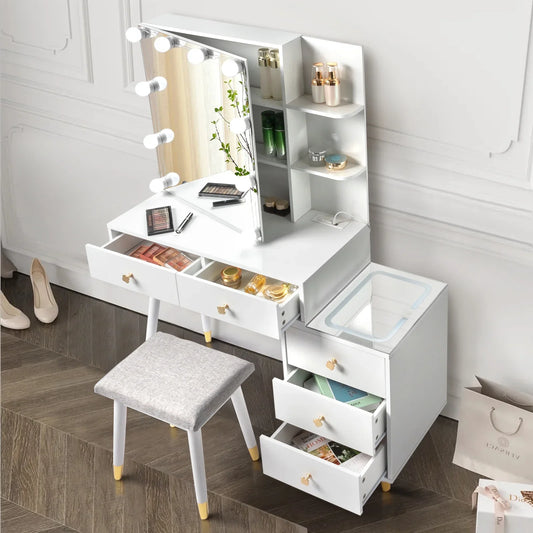 Ktaxon 3 Color Lighted Vanity Table Set, Makeup Table with LED Nightstand, Dressing Table with USB Charging Station, for Girls, Women, Female Bedroom, White