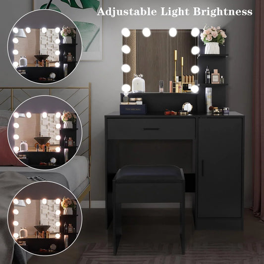 Ktaxon Vanity Set with 3 Color Lighted Mirror, Makeup Table with 3 Storage Shelves & Drawers, Dressing Table Makeup Desk with Stool,Black