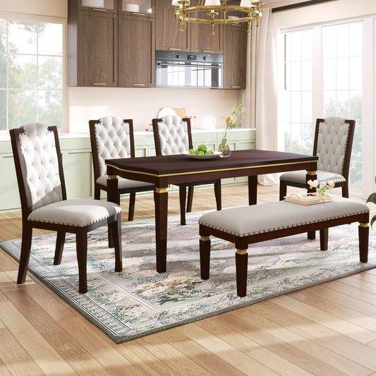 Churanty Retro 6 Pieces Kitchen Dining Table Set, 62.7Rectangular Table and 4 High-Back Tufted Chairs & 1 Bench, Wood Family Dining Room Table Set for 6,Espresso