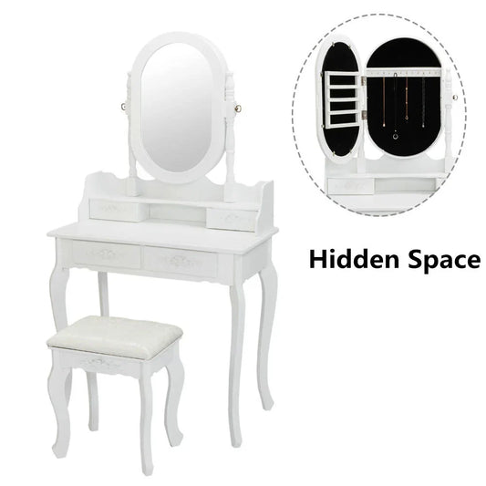 Ktaxon Vanity Jewelry Wooden Makeup Dressing Table Set W/Stool Mirror Cabinet &4 Drawer