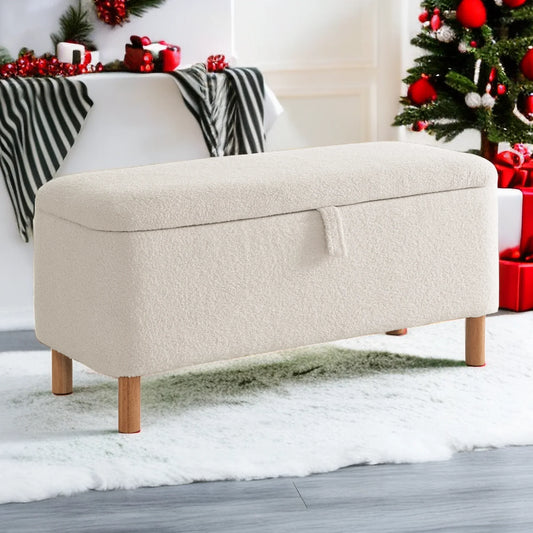 Comfort Stretch 39.3 Length Storage Ottoman Bench for Living Room,White Bedroom Bench with Entryway Storage Rectangular Boucle Foot Rest Stool Padded Seat