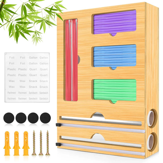 Foil and Plastic Wrap Organizer for Ziplock, 6 in 1 Bamboo Wrap Dispenser Compatible with 12" Parchment Paper Roll Cutter for Gallon, Quart, Sandwich Bags, Roll etc