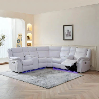 ELIASER Manual Recliner Sofa Sets with LED Lights,Faux Leather Reclining Sectional Couch for Living Room Furniture Sets with USB Port,Storage Console Cup Holders White