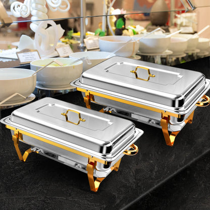 PRIJESSE 4 Pack Gold 9QT Chafing Dish with Half Size Food Pans, Complete Set Nonstick Stainless Steel Chafer Food Warmer