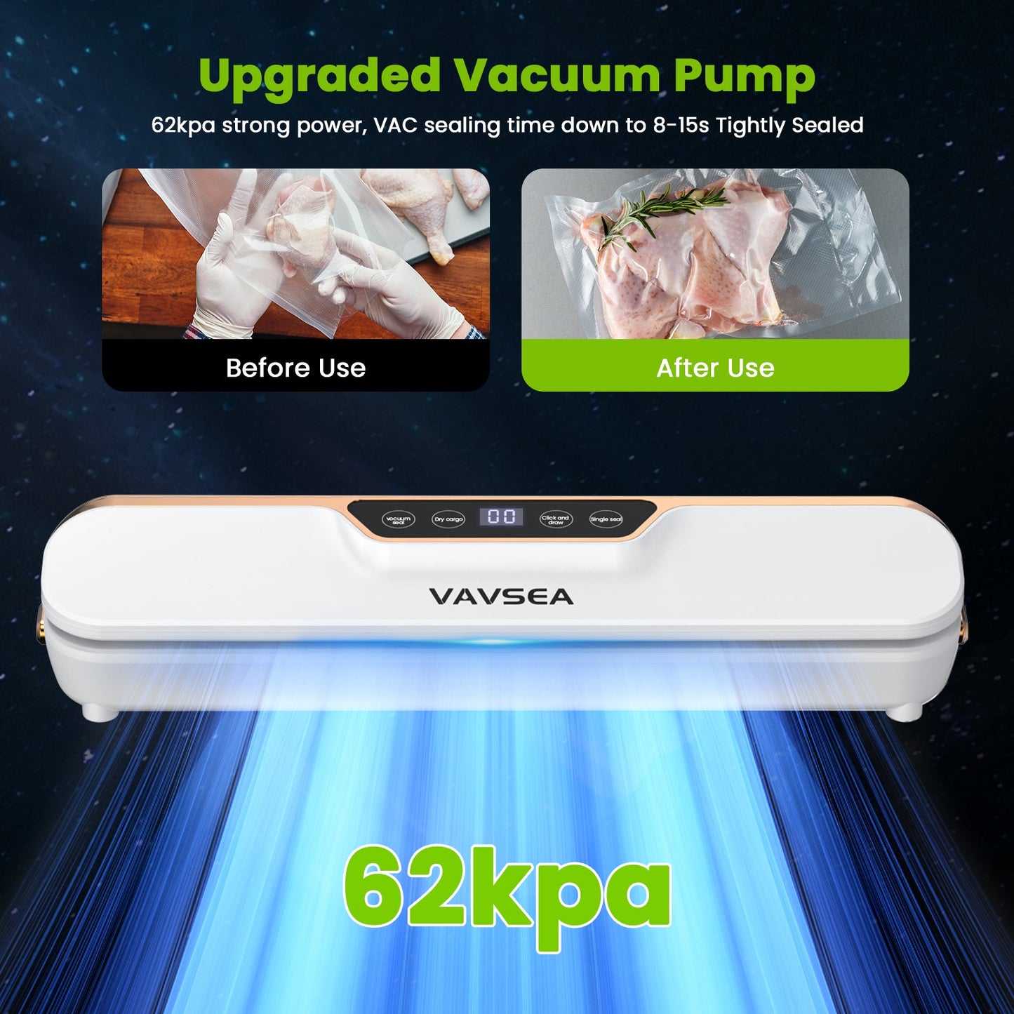 Vacuum Sealer, 62Kpa Food Sealer Machines with 4 Modes, Dry/Draw/Seal/Vac and 10Pcs Bags Starter Kit for Dry & Moist Food Storage Sous Vide
