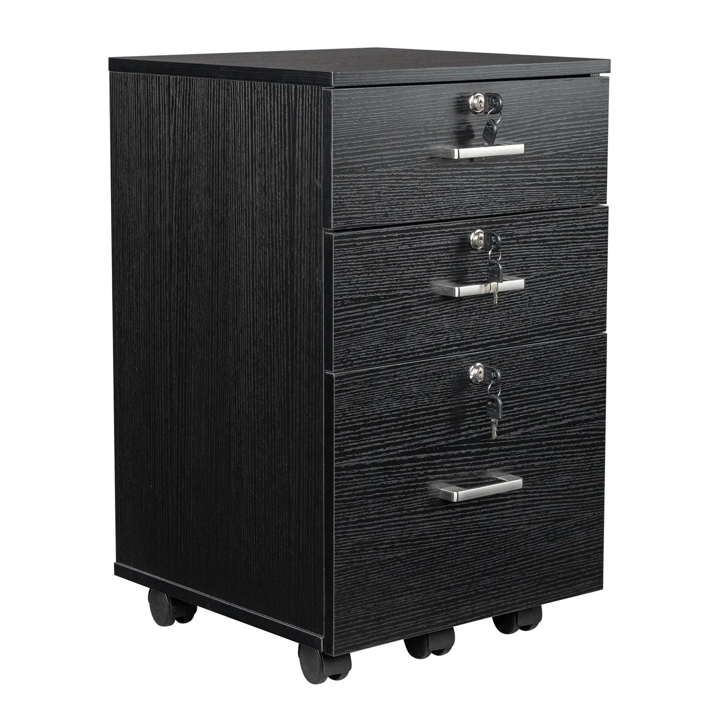 Ktaxon 3-Drawer Rolling Wood File Cabinet with Lock, Portable Vertical Mobile Wooden Storage Filing Cabinet for Home Office,Black