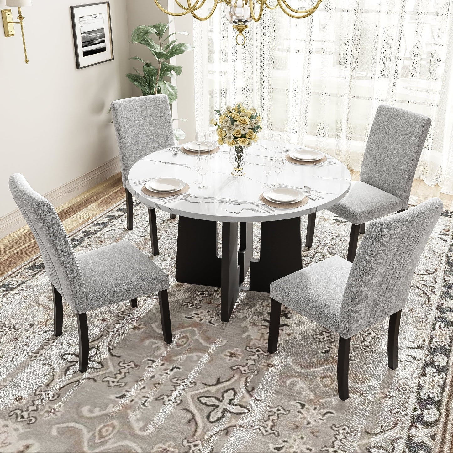 Churanty 5 Piece Round Dining Table Set for 4, Modern Marble Dining Table and 4 High Back Upholstered Chairs for Dining Room Kitchen, White + Gray