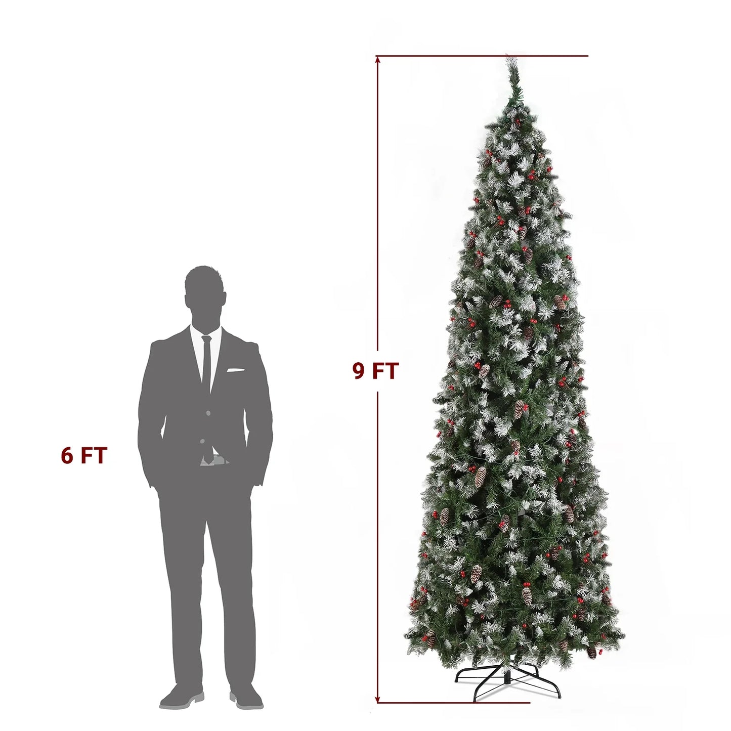 Ktaxon 9ft Pre-lit Slim Christmas Tree with Remote Control, Red Berry & Pinecones Xmas Tree with 460 LED Lights, 1298 Branch Tips, Green