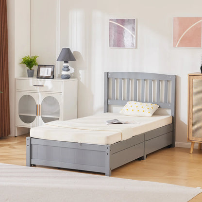 Ktaxon Wood Twin Bed with 4 Storage Drawers, Solid Wood Platform Bed with Headboard, Wooden Slats Support Mattress Foundation, No Spring Needed, Twin Bed Frame for Kids, Teens, Adults, Grey