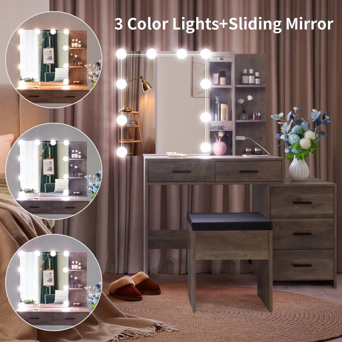 Ktaxon 3 Color Lighted Vanity Set & Charging Station,Makeup Dressing Table with Sliding Lighted Mirror, Dresser Desk and Cushioned Stool Set (Retro Gray)