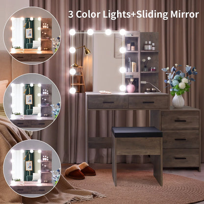 Ktaxon 3 Color Lighted Vanity Set & Charging Station,Makeup Dressing Table with Sliding Lighted Mirror, Dresser Desk and Cushioned Stool Set (Retro Gray)