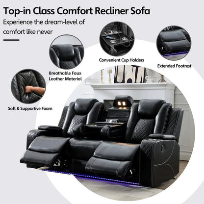Comfort Stretch 5 Seats Power Recliner Sofa Sets with Speaker,Black Faux Leather Reclining Sectional Couch for Living Room Furniture Sets with USB Port,Storage Console,Cup Holders,LED Lights