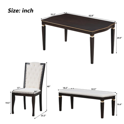 Churanty Retro 6 Pieces Kitchen Dining Table Set, 62.7Rectangular Table and 4 High-Back Tufted Chairs & 1 Bench, Wood Family Dining Room Table Set for 6,Espresso