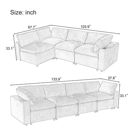 Churanty Modular Sectional Sofa with USB Charge Ports, Upholstered 4 Seater Free combination Couch with Wireless Charging and Built-in Bluetooth Speaker in Arm for Living Room Apartment,Beige