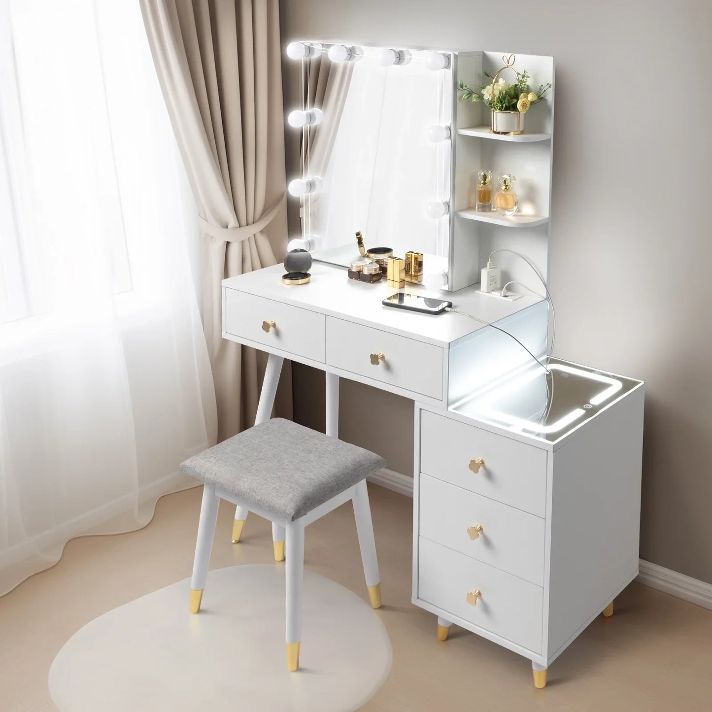 Ktaxon 3 Color Lighted Vanity Table Set, Makeup Table with LED Nightstand, Dressing Table with USB Charging Station, for Girls, Women, Female Bedroom, White