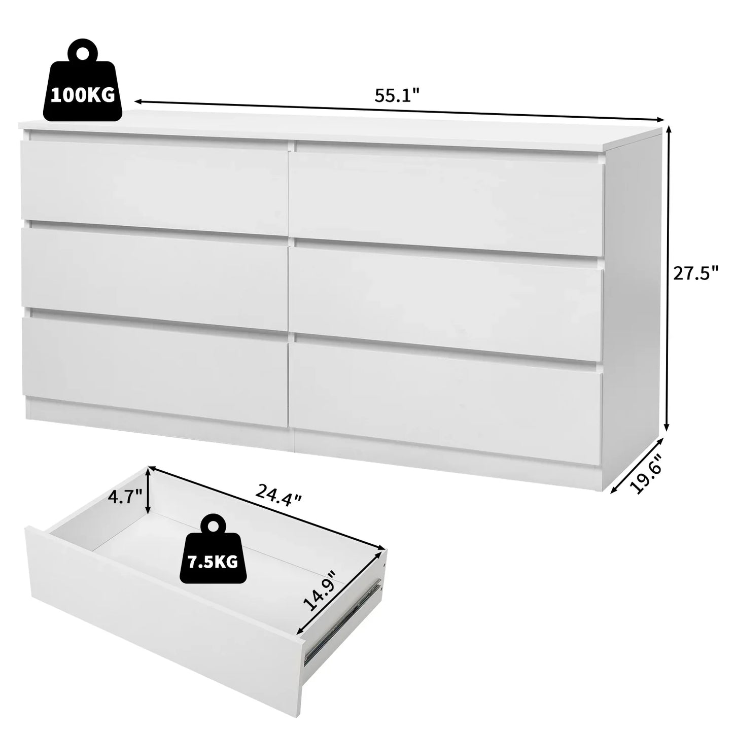 Ktaxon 6 Drawer Double Dresser, Wooden Chest, Modern Wide Storage File Cabinet Unit Nightstand for Bedroom, White
