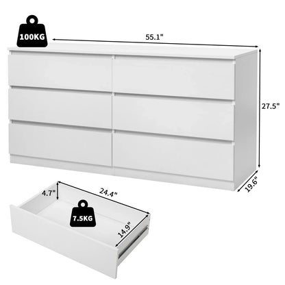 Ktaxon 6 Drawer Double Dresser, Wooden Chest, Modern Wide Storage File Cabinet Unit Nightstand for Bedroom, White