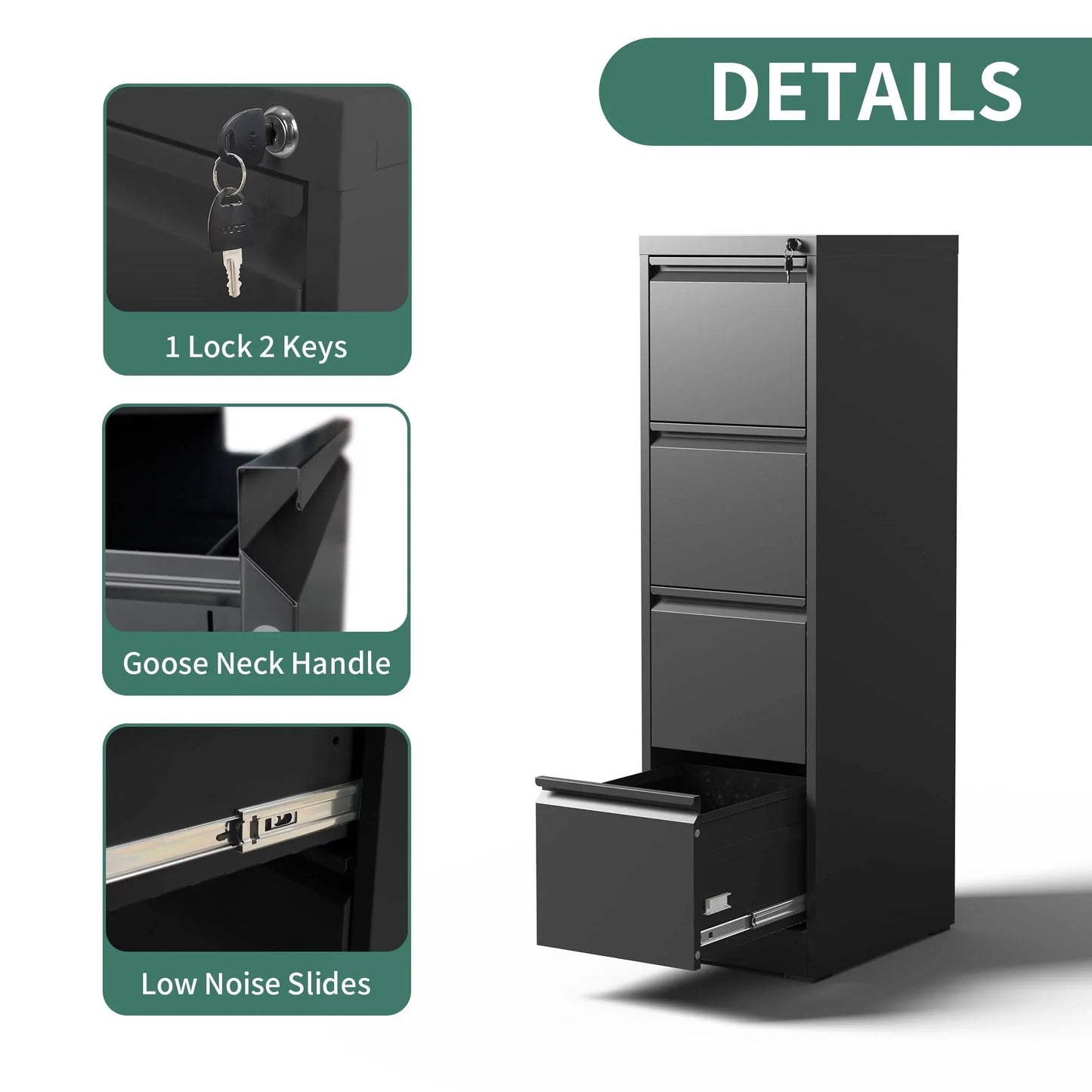 IKIMI 4 Drawer File Cabinet,Metal Filing Cabinets with Lock,Black Vertical File Cabinet for Home Office,Heavy Duty Metal Storage Cabinet for A4/Letter/Legal Size File