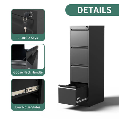 IKIMI 4 Drawer File Cabinet,Metal Filing Cabinets with Lock,Black Vertical File Cabinet for Home Office,Heavy Duty Metal Storage Cabinet for A4/Letter/Legal Size File
