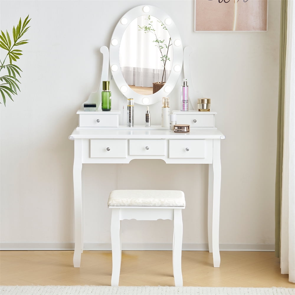 Ktaxon Makeup Vanity Table with 3 Color Lights, 5 Drawers Makeup Dressing Desk with USB Charging Station, Bedroom Vanities Set, White