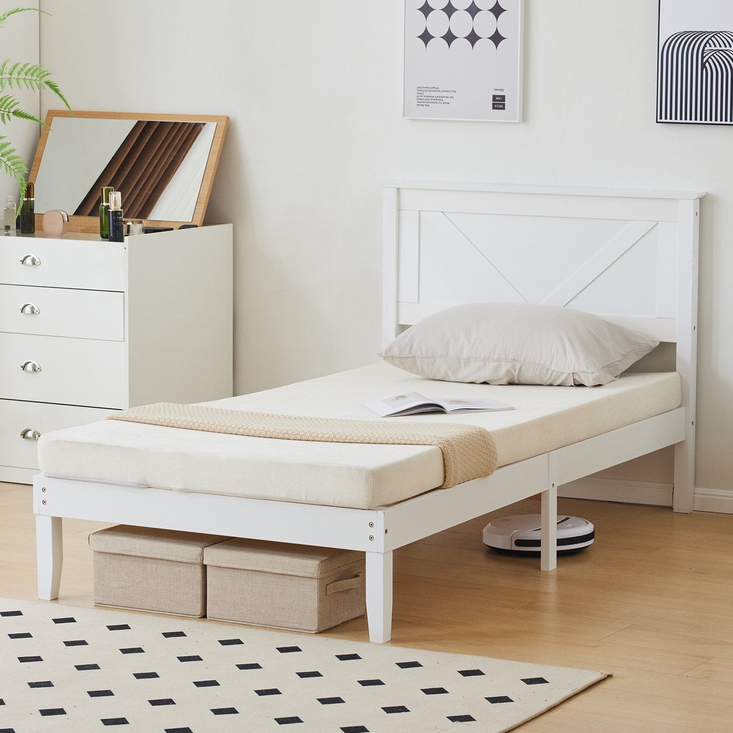 Ktaxon Twin Bed Frame Solid Wood Platform Bed Frame, Single Panel Bed with Headboard, No Box Spring Needed Panel Bed, Wood Slat Support Mattress Foundation, White