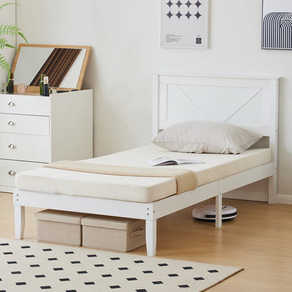 Ktaxon Twin Bed Frame Solid Wood Platform Bed Frame, Single Panel Bed with Headboard, No Box Spring Needed Panel Bed, Wood Slat Support Mattress Foundation, White