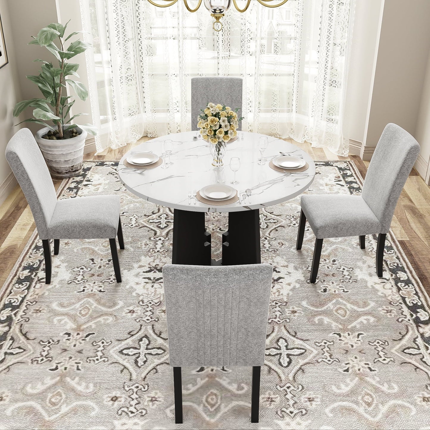 Churanty 5 Piece Round Dining Table Set for 4, Modern Marble Dining Table and 4 High Back Upholstered Chairs for Dining Room Kitchen, White + Gray