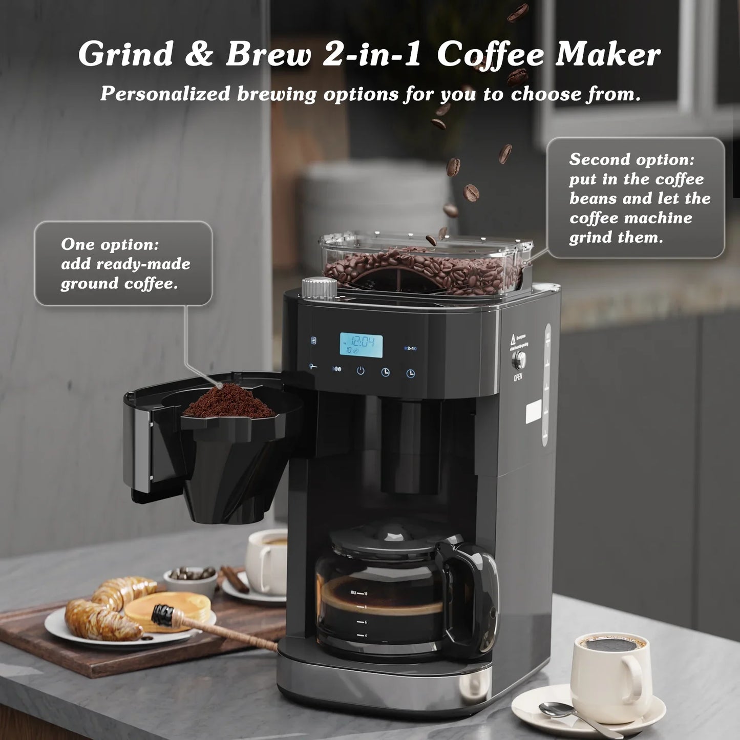 Auseo 10-Cup Drip Coffee Maker with Grinder, Automatic Brew, 3 Brew Strength Options, Warming Plate, Touch Screen, 1.5L Water Tank, Black