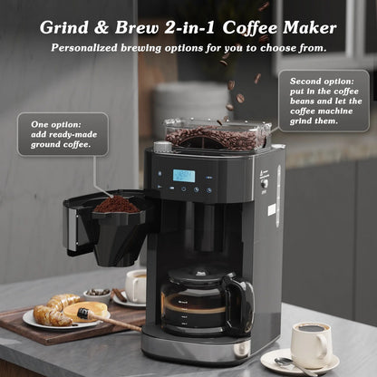 Auseo 10-Cup Drip Coffee Maker with Grinder, Automatic Brew, 3 Brew Strength Options, Warming Plate, Touch Screen, 1.5L Water Tank, Black