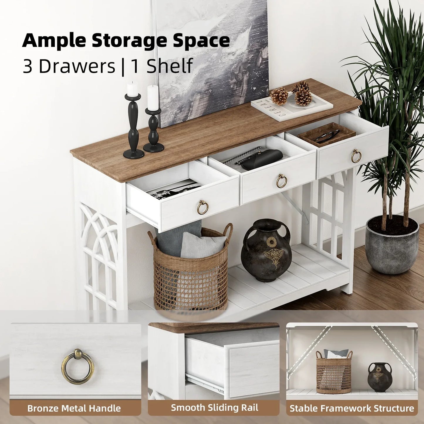 JOINICE 43" Console Table with Drawers for Entryway, Farmhouse Wood Table with Shelf, Fireplace,White