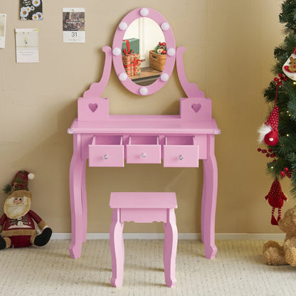 Ktaxon Kids Play Makeup Vanity Set with 3-Color Light, Girls Vanity Dresser Desk with Matching Stool, Purple