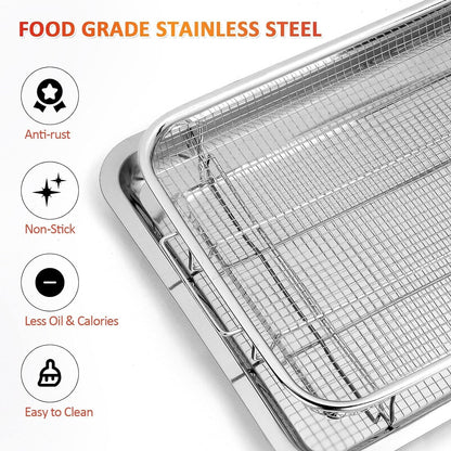 Air Fryer Basket for Oven, 2 Set Stainless Steel Air Fryer Pan and Crisper Tray, Non-stick Oven Air Fryer Basket for Baking and Crispy Foods Chicken, French Fry and Frozen Food (11.8 x 15.7 Inch)