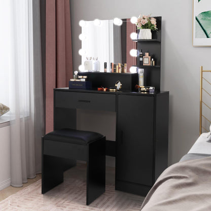 Ktaxon Vanity Table Set with Lighting, Makeup Table with Lighted Mirror Storage Drawers, Dressing Vanity Tables, Dresser Desk for Girls, Women, Black