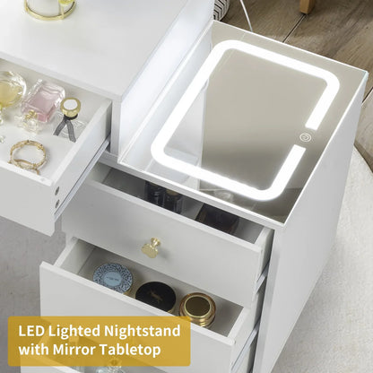 Ktaxon 3 Color Lighted Vanity Table Set, Makeup Table with LED Nightstand, Dressing Table with USB Charging Station, for Girls, Women, Female Bedroom, White